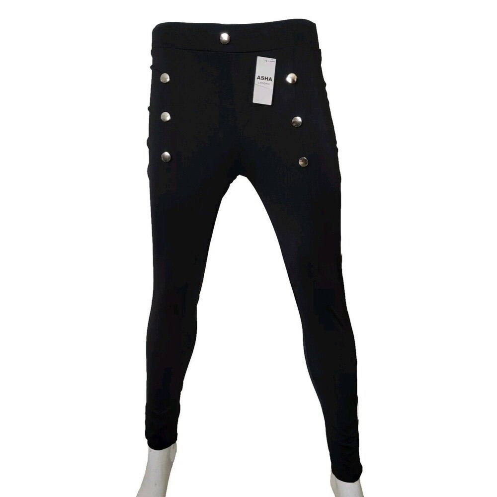 NWT Asha Legging Pants Womens S/M Black Soft Spandex Gold Accented Buttons